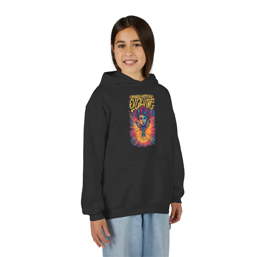 Youth Hoodie — Vibrant 'Evolving' Butterfly Girl Graphic Sweatshirt