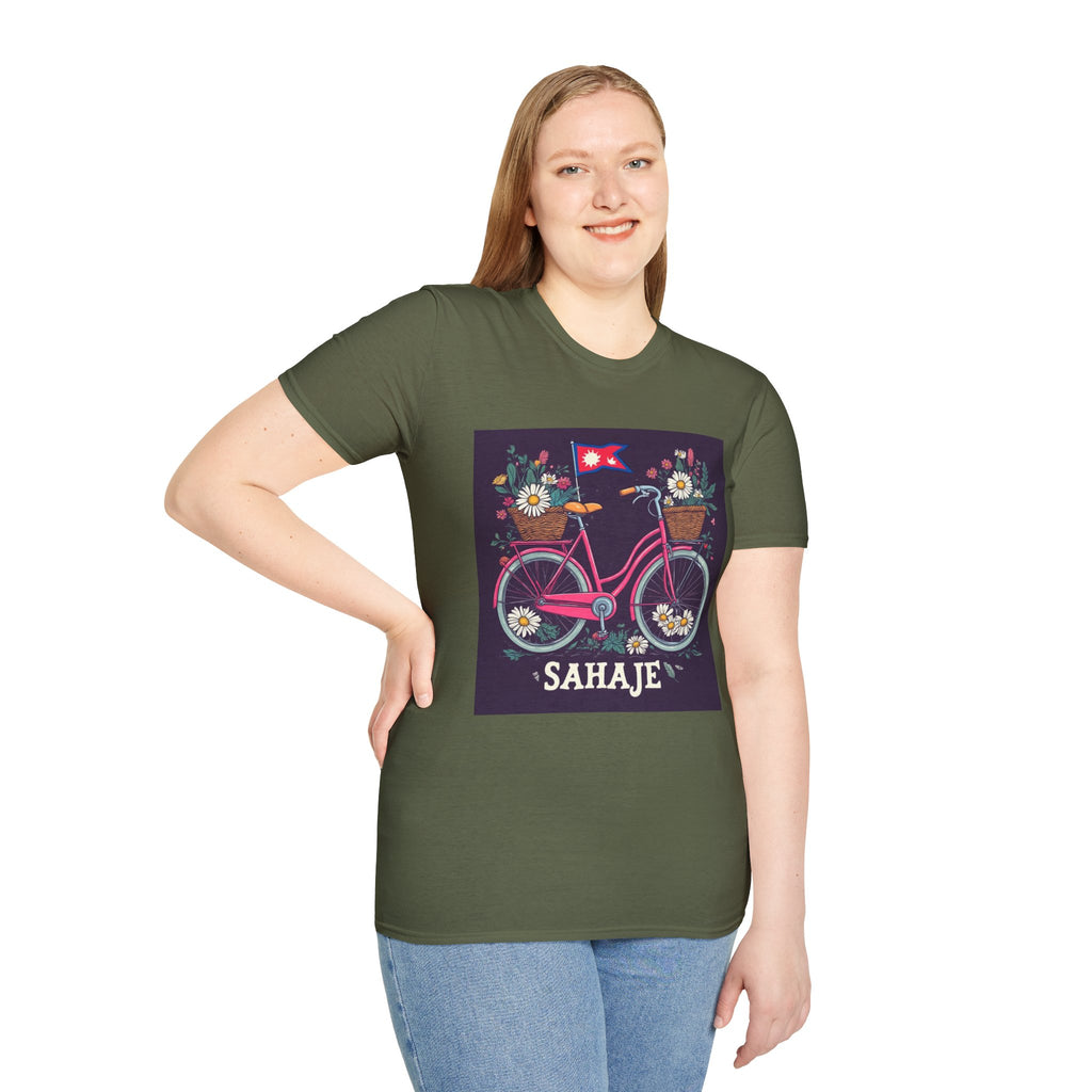Bicycle Floral T-Shirt – Pink Bike with Baskets & "Sahaje" Text