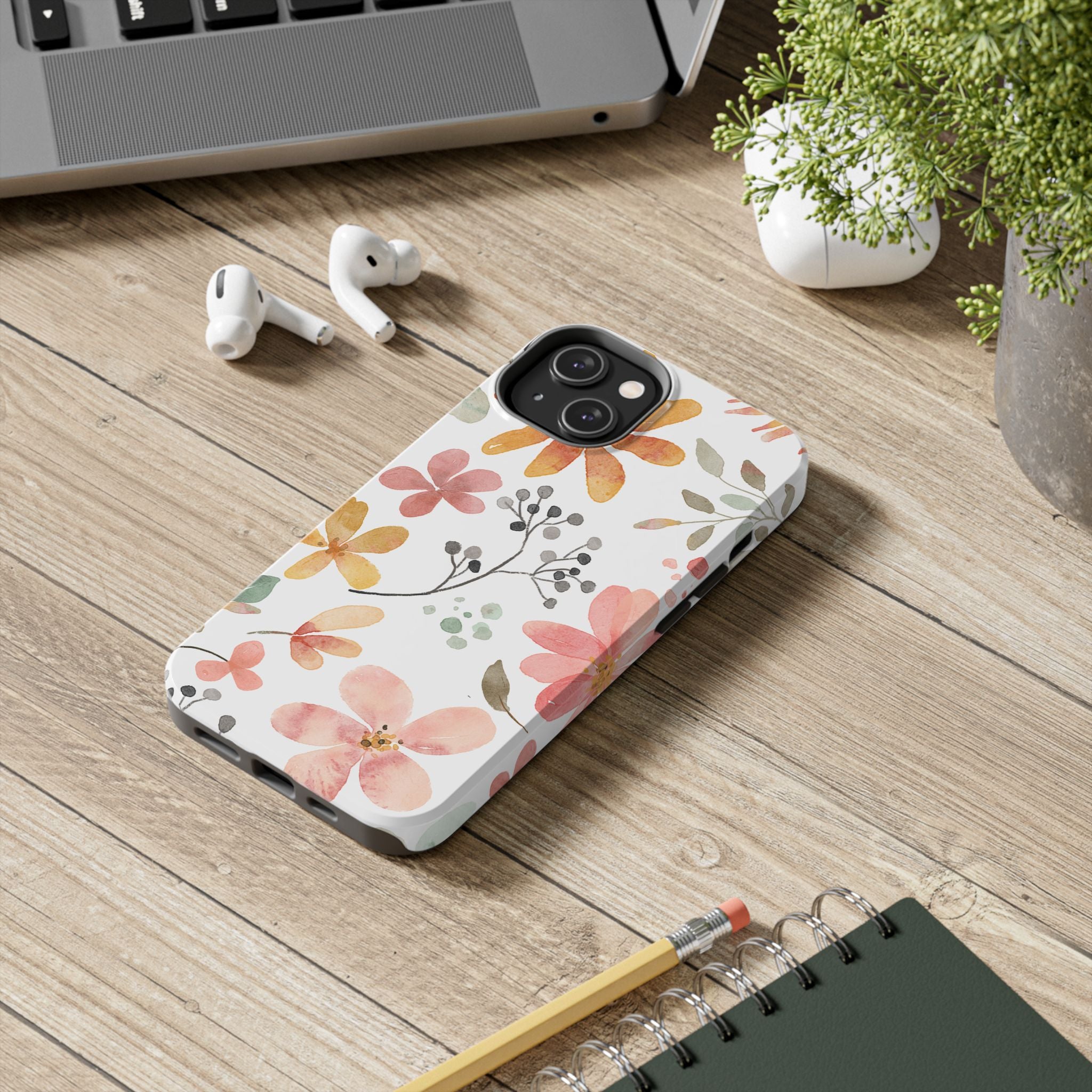 Floral Watercolor Tough Phone Case — Pink & Peach Botanical Protection