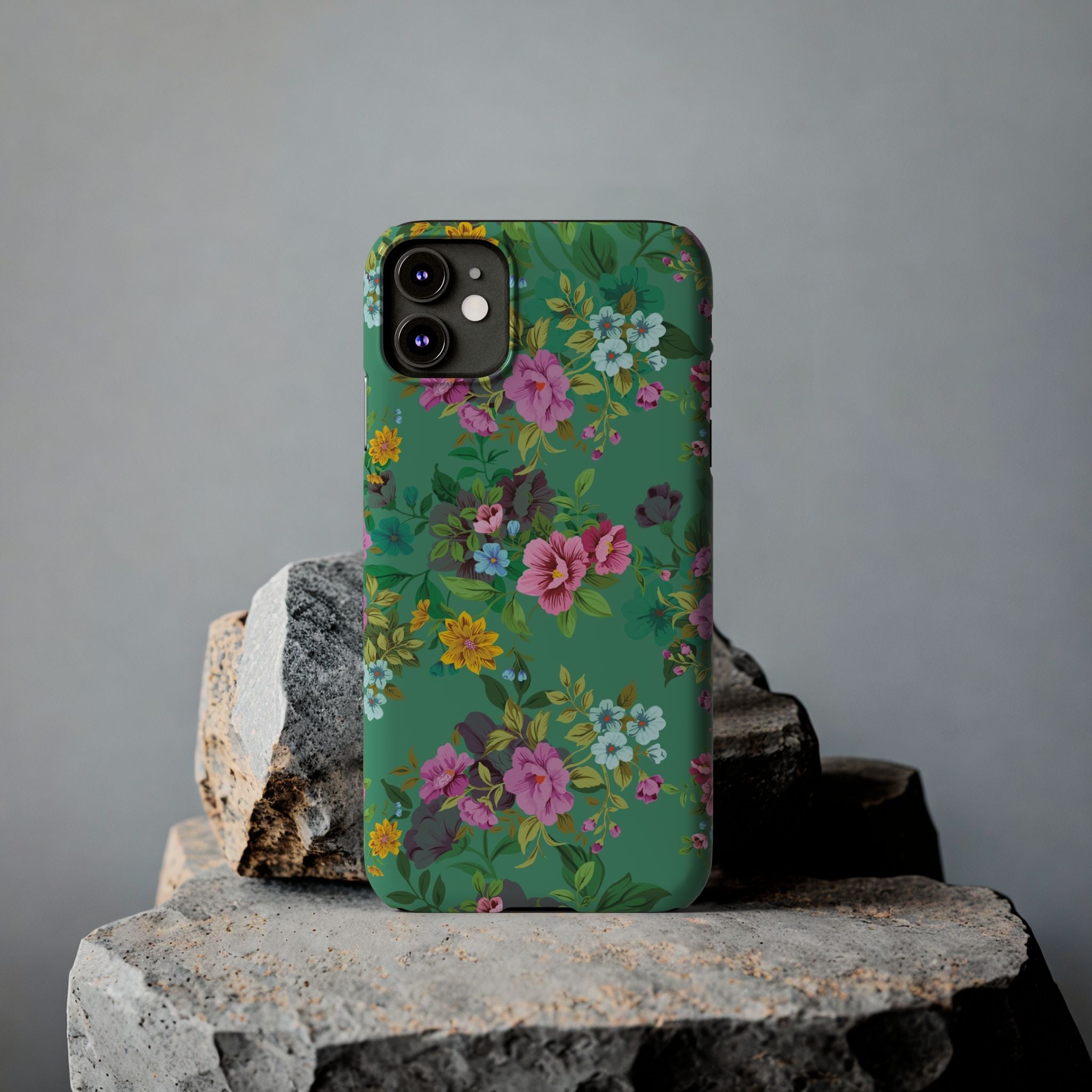 Floral Vintage Green Slim Phone Case — Pink & Yellow Garden Print