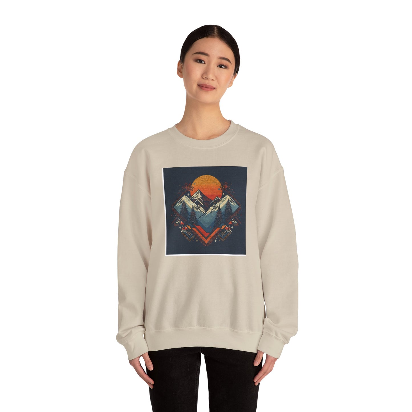 Mountain Sunset Crewneck Sweatshirt — Retro Geometric Peaks Graphic