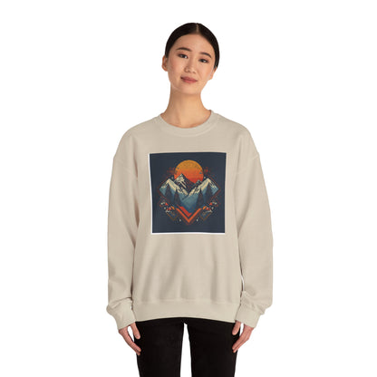 Mountain Sunset Crewneck Sweatshirt — Retro Geometric Peaks Graphic