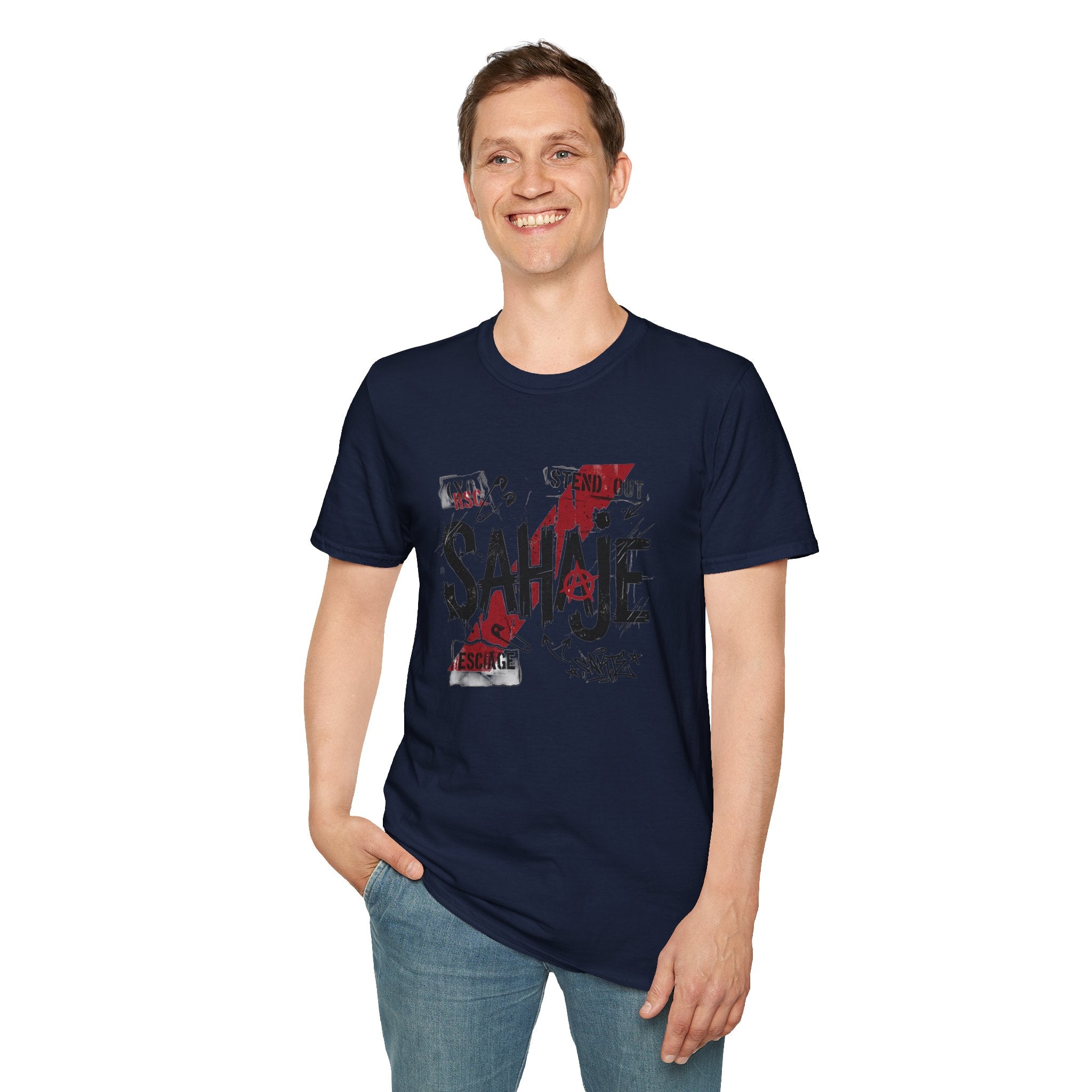 SAHAJE Graphic T‑Shirt — Distressed Red Accent Streetwear Tee