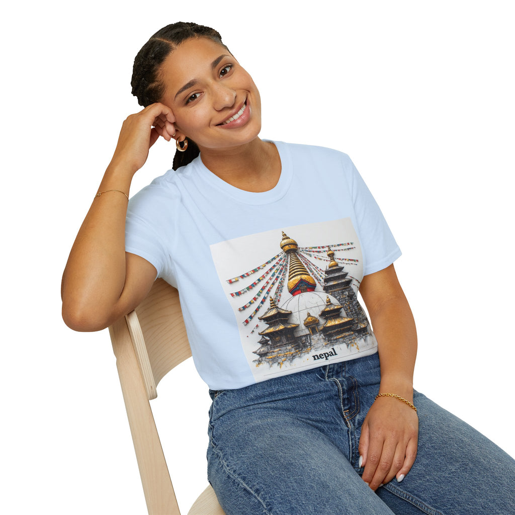 Nepal Temple Graphic T-Shirt — Boudhanath Stupa Prayer Flags Travel Tee
