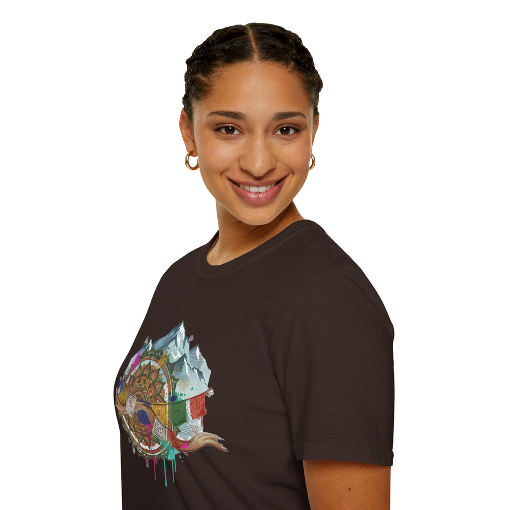Adventure Compass T-Shirt — Mountain Compass with Prayer Flags & Colorful Globe