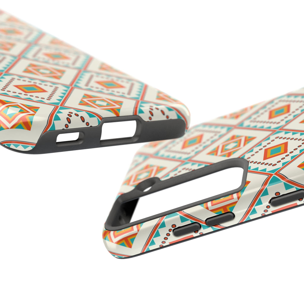Tough Phone Case — Geometric Retro Tile Pattern, Orange & Teal Protective Cover