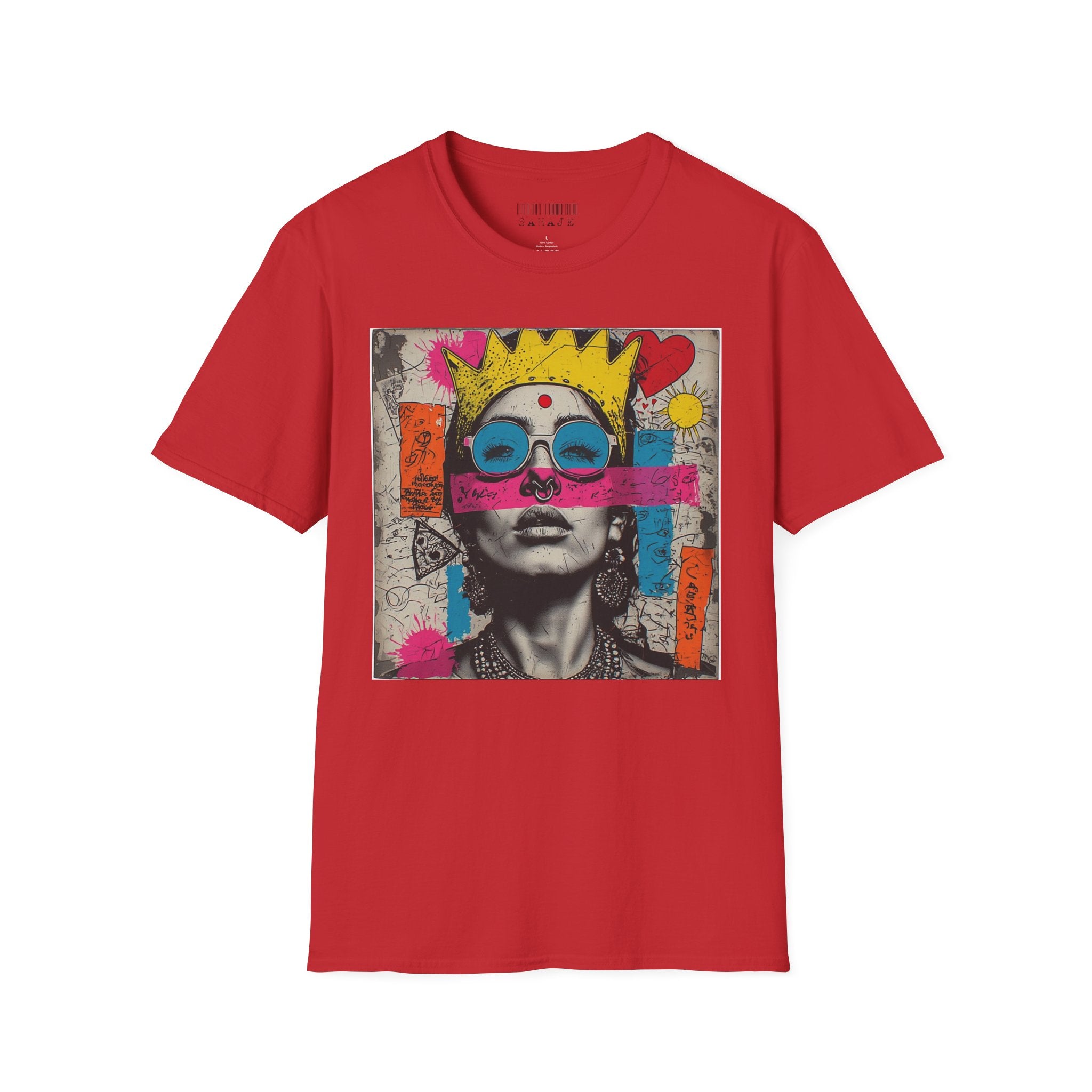 Abstract Pop Art Portrait T-Shirt — Neon Crown & Sunglasses Graphic