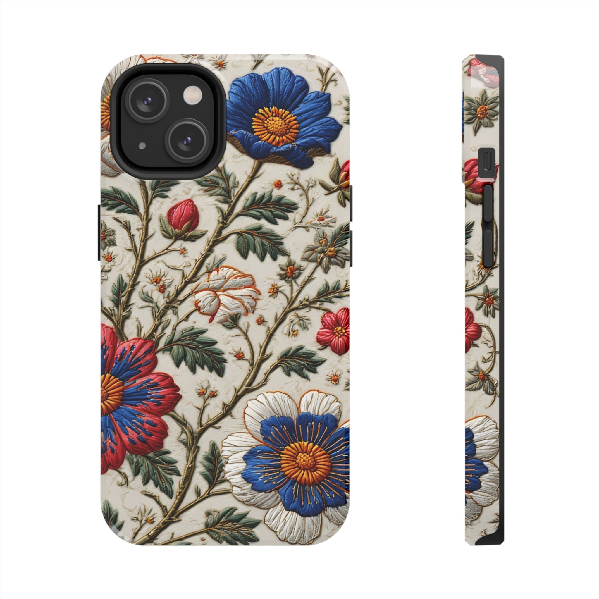 Floral Embroidery Tough Phone Case — Vintage Blue & Red Garden Design