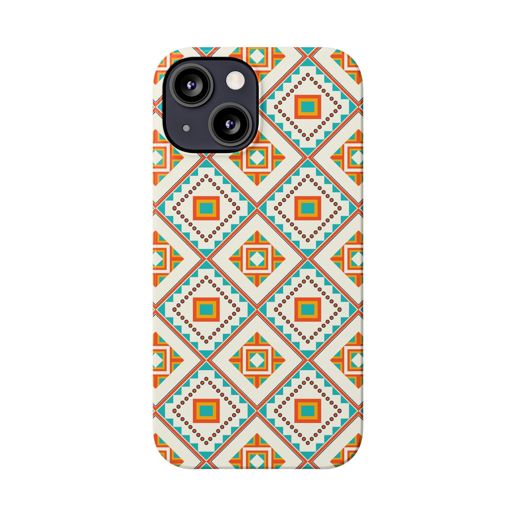 Slim Phone Case — Retro Geometric Tile Pattern (Turquoise & Orange)