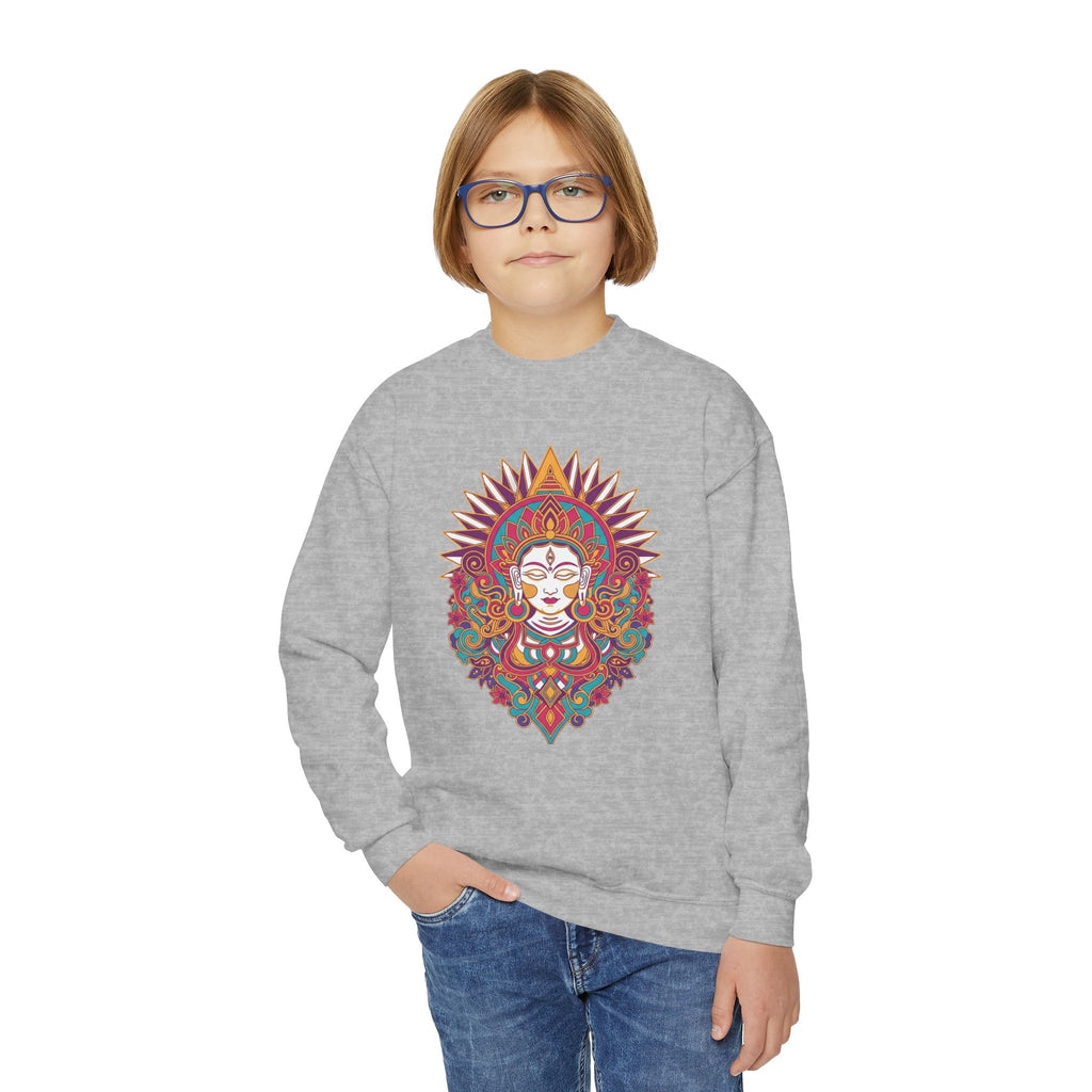 Youth Crewneck Sweatshirt — Colorful Boho Sun Goddess Graphic