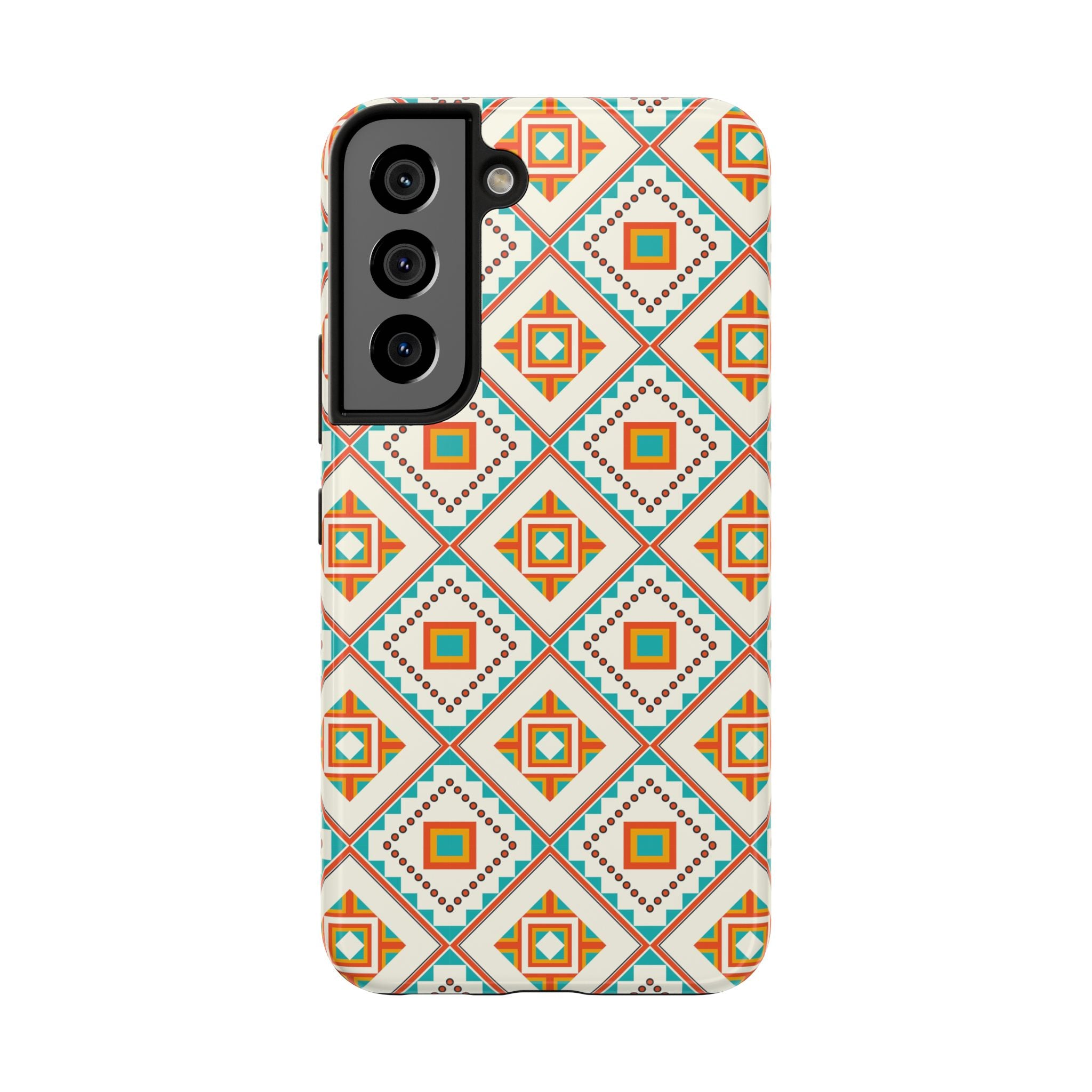 Tough Phone Case — Geometric Retro Tile Pattern, Orange & Teal Protective Cover