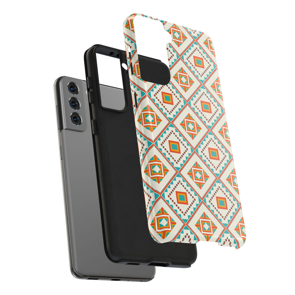 Tough Phone Case — Geometric Retro Tile Pattern, Orange & Teal Protective Cover