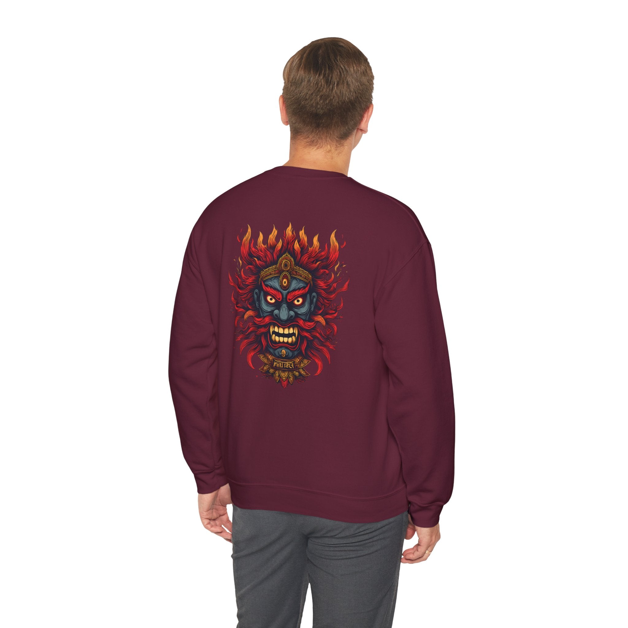 Crewneck Sweatshirt — Fiery Demon Mask Back Graphic
