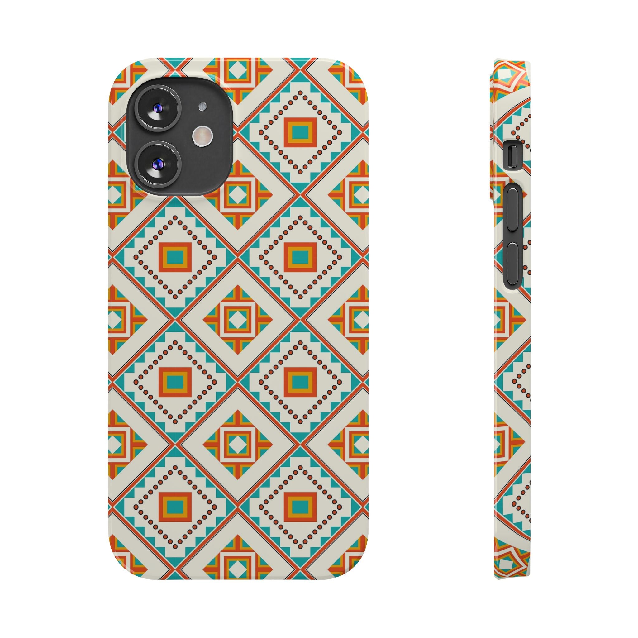 Slim Phone Case — Retro Geometric Tile Pattern (Turquoise & Orange)