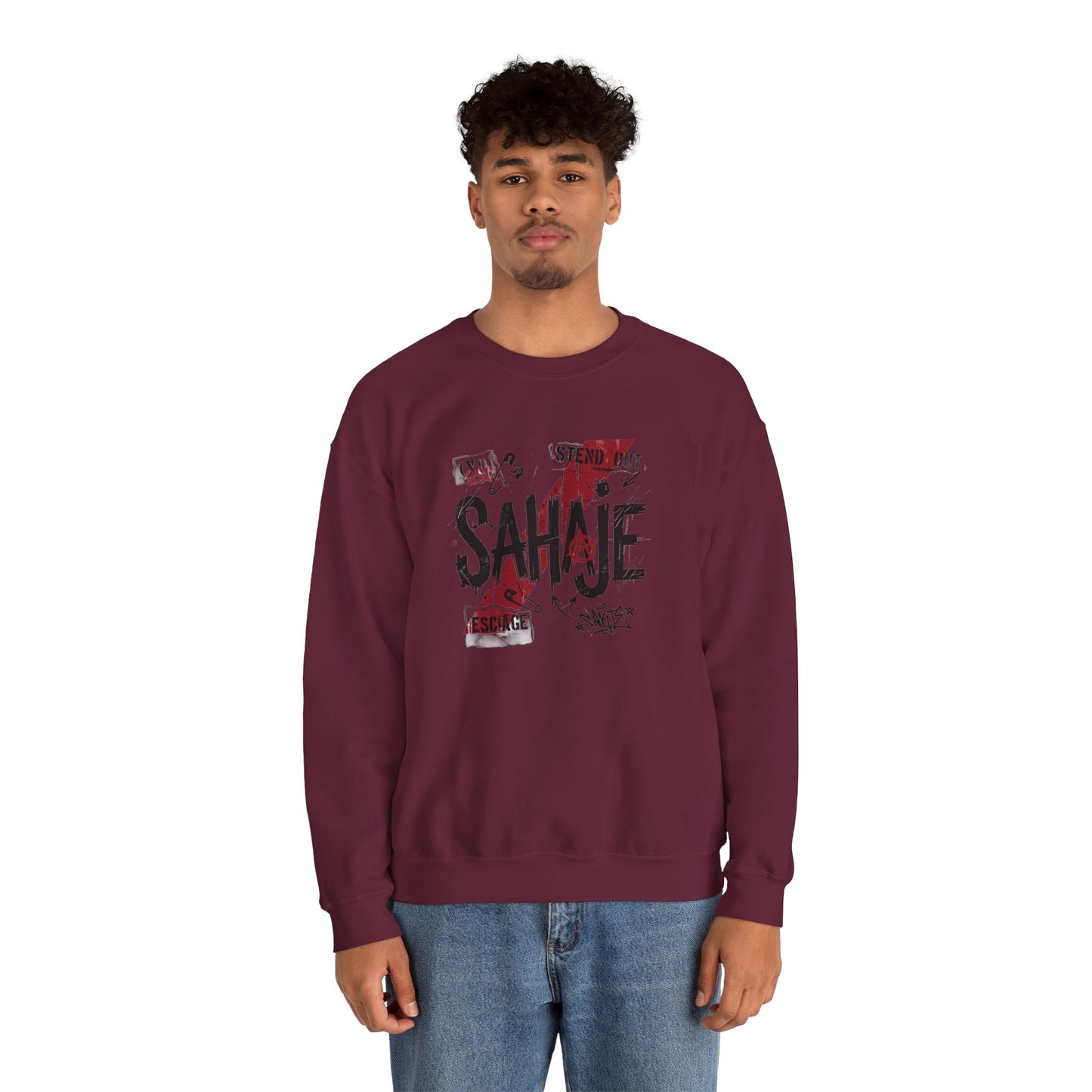 Crewneck Sweatshirt — 'Sahaje' Distressed Script Graphic