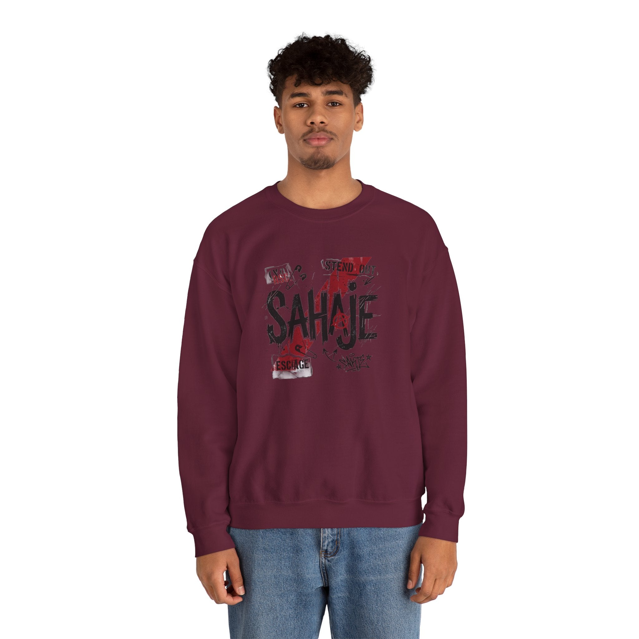 Crewneck Sweatshirt — 'Sahaje' Distressed Script Graphic