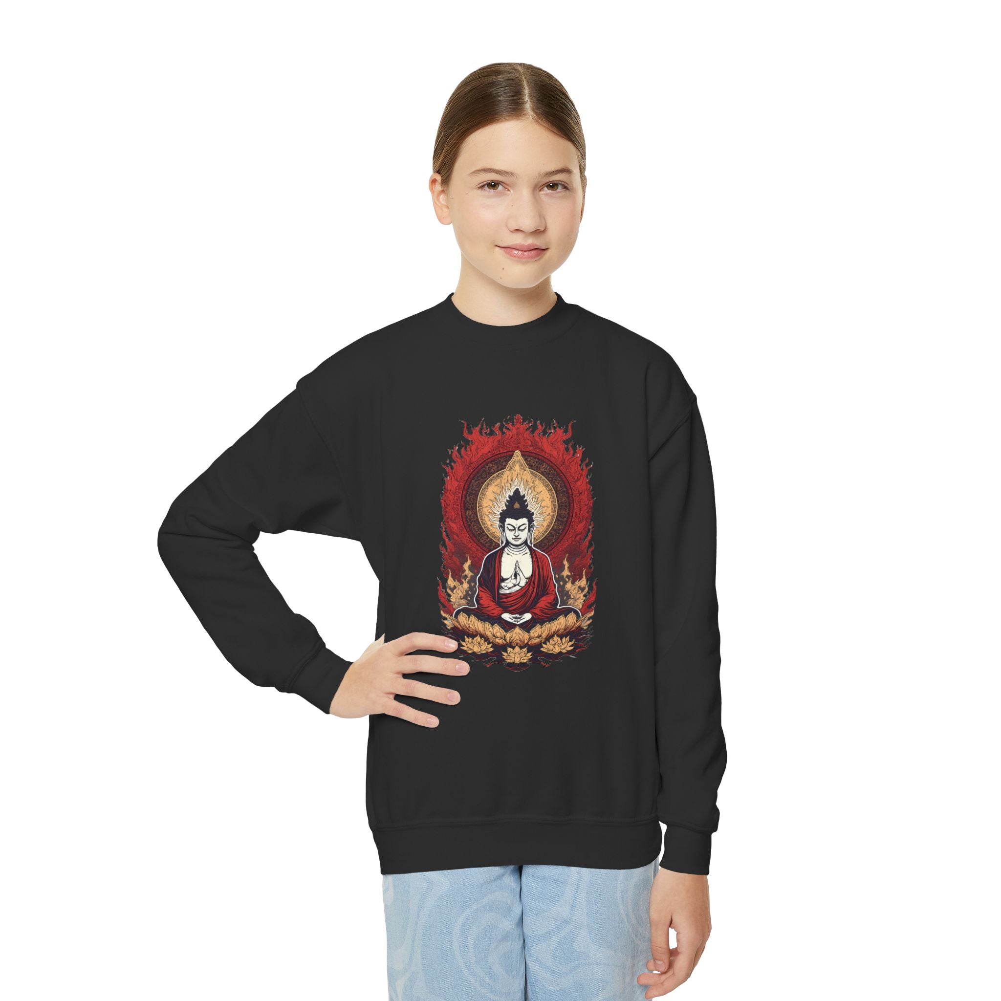 Buddha Flame Youth Crewneck Sweatshirt - Meditating Lotus Graphic
