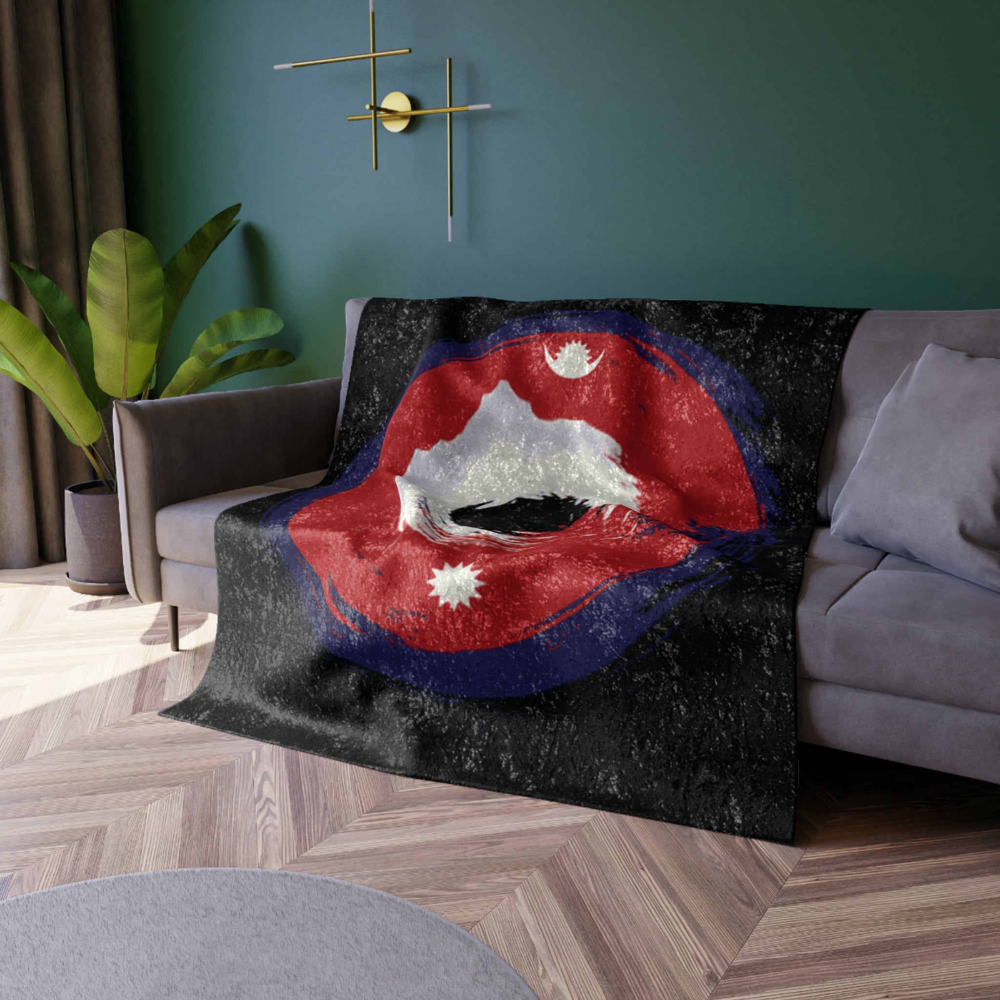 Crushed Velvet Blanket — Distressed Nepal Flag Circle Design, Soft Cozy Throw