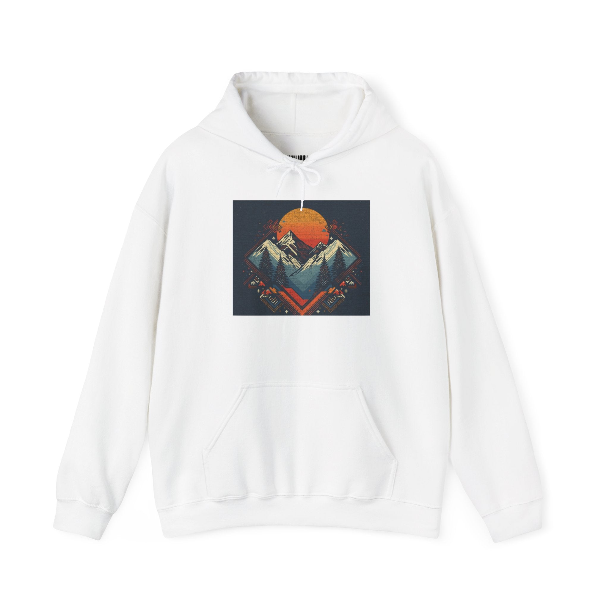 Mountain Sunset Hoodie – Retro Geometric Peaks & Rising Sun Sweatshirt