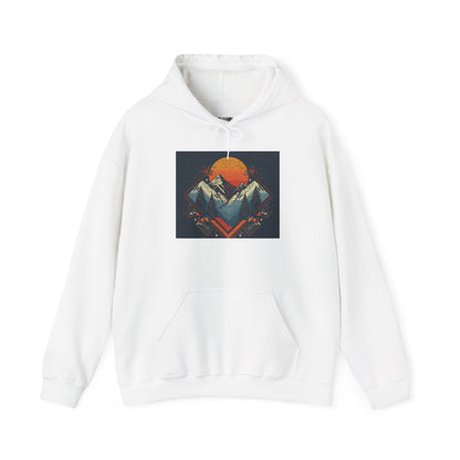 Mountain Sunset Hoodie – Retro Geometric Peaks & Rising Sun Sweatshirt