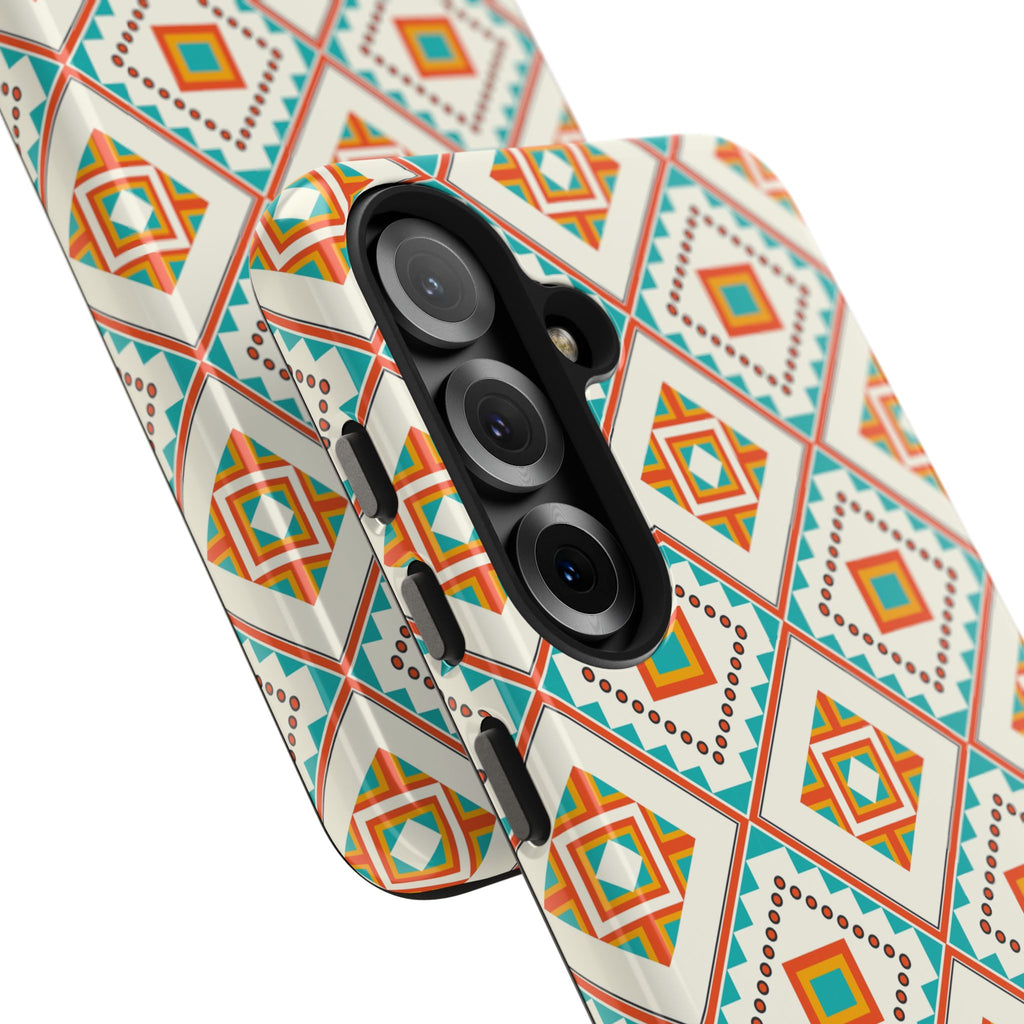 Tough Phone Case — Geometric Retro Tile Pattern, Orange & Teal Protective Cover