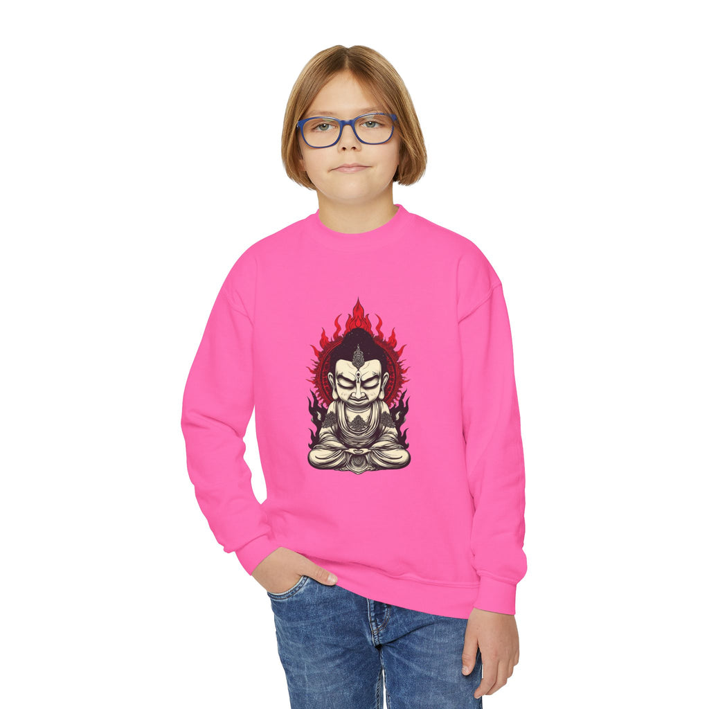 Flaming Meditating Buddha Youth Crewneck Sweatshirt — Zen Graphic Sweater for Kids