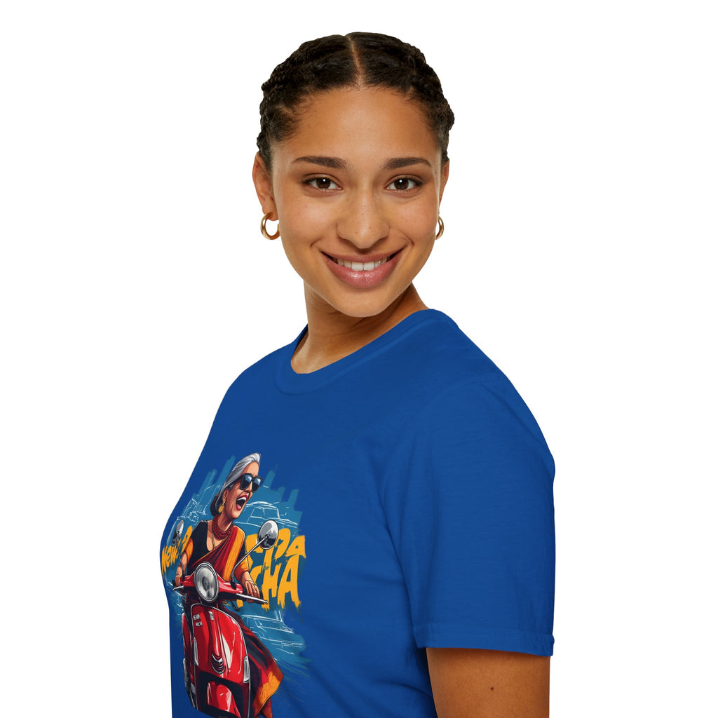 Newa Maicha Riding Scooter T-Shirt – Newari Woman in New York Graphic Tee, Cultural & Urban Design