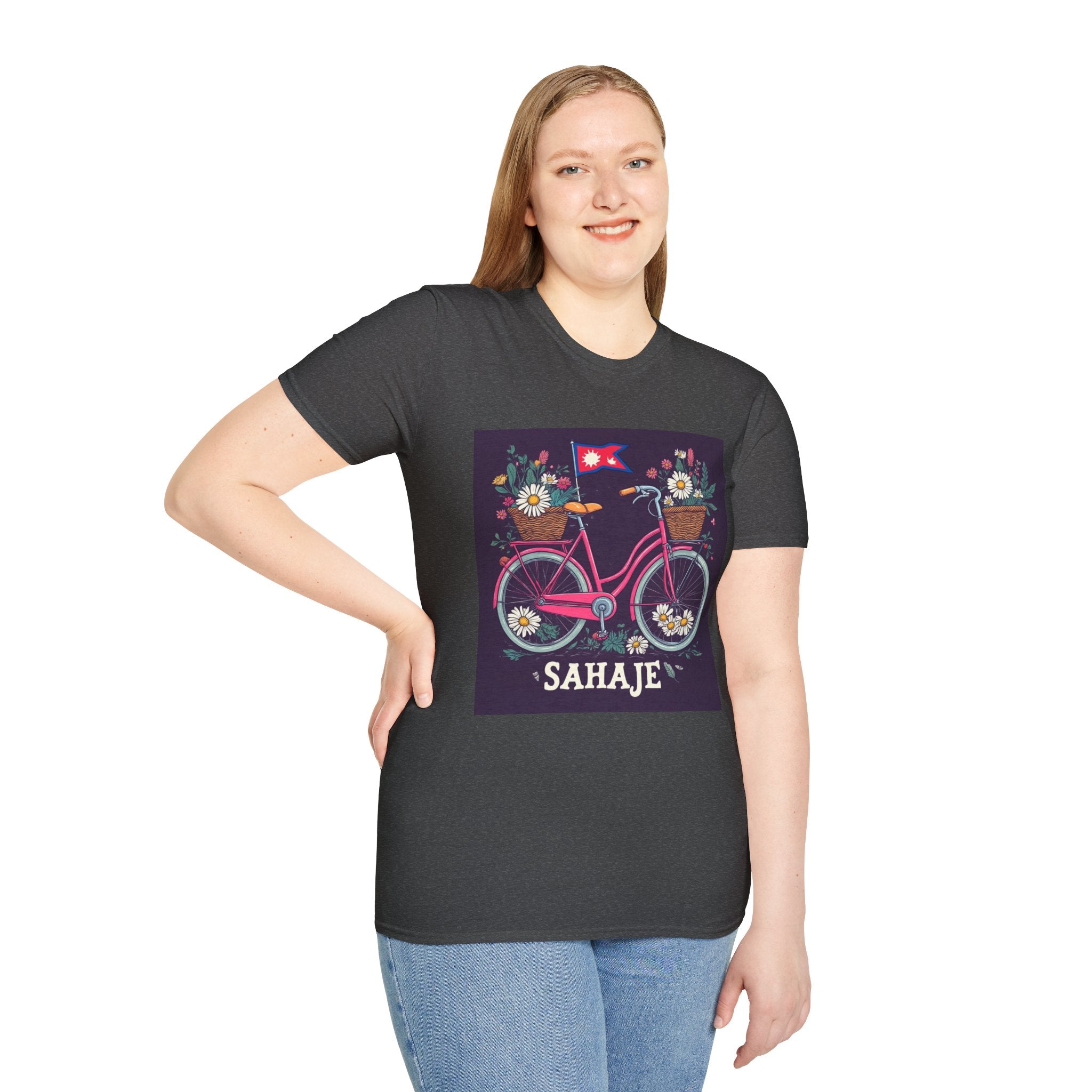 Bicycle Floral T-Shirt – Pink Bike with Baskets & "Sahaje" Text