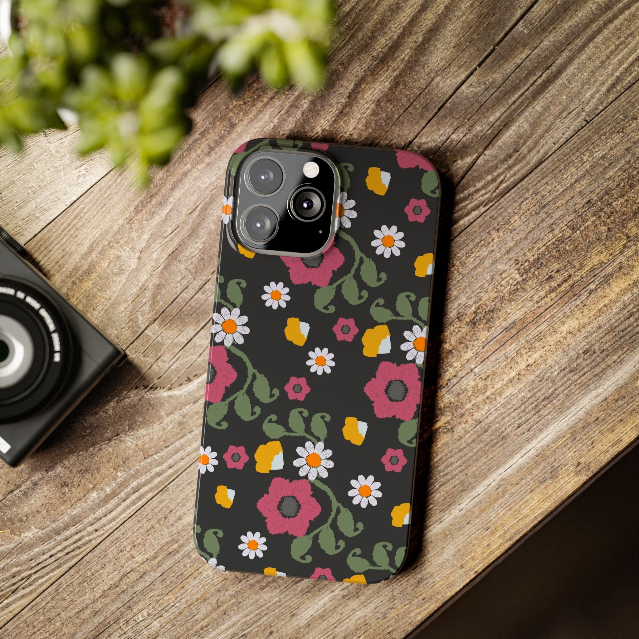 Floral Slim Phone Case, Black Flower Phone Cover, Stylish Phone Accessory, Gift for Her, Trendy Floral Case