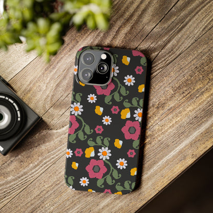 Floral Slim Phone Case, Black Flower Phone Cover, Stylish Phone Accessory, Gift for Her, Trendy Floral Case