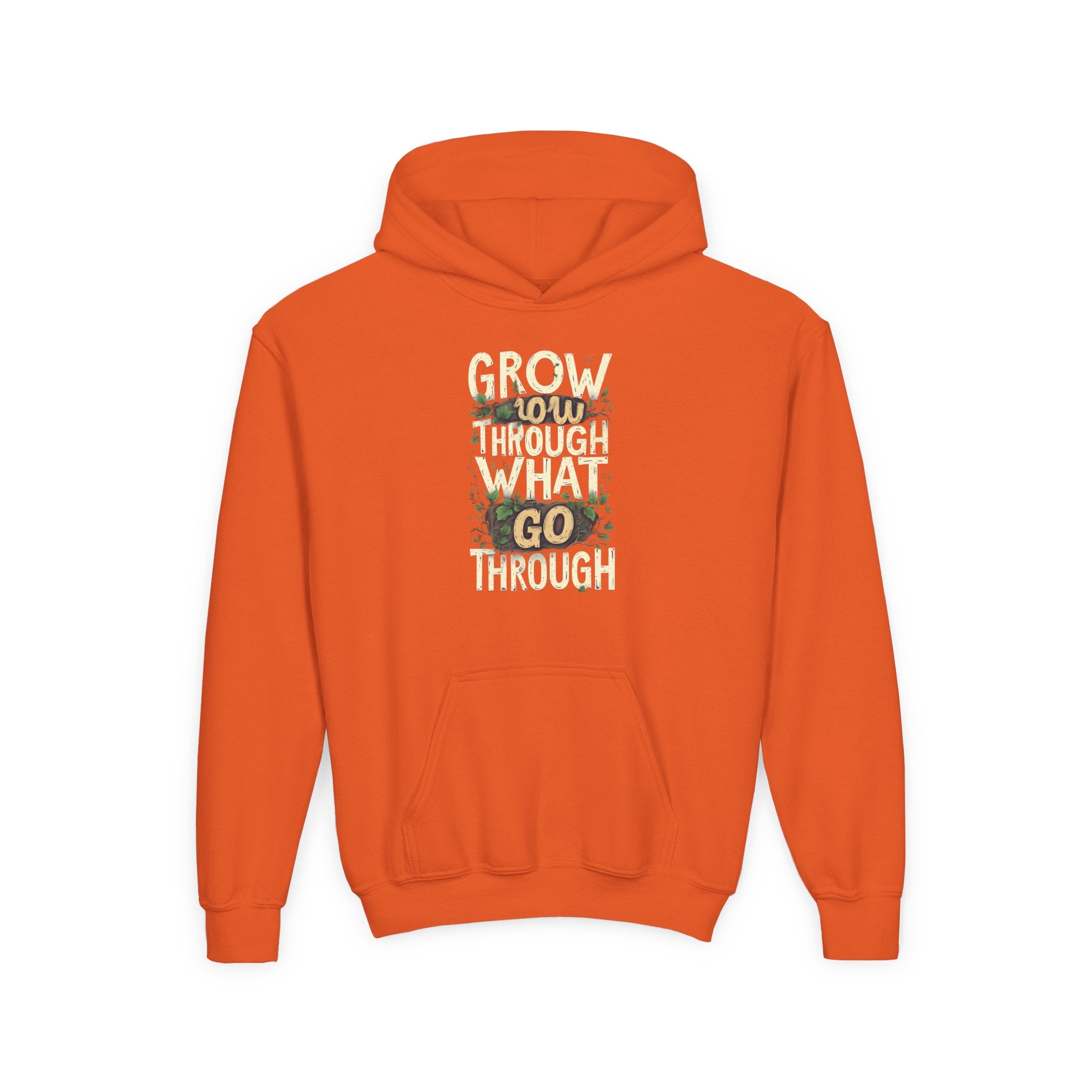 Youth Hoodie — 'Grow Slow, Go Through' Floral Motivational Hooded Sweatshirt