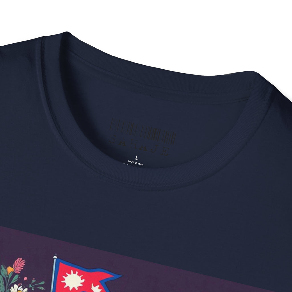 Bicycle Floral T-Shirt – Pink Bike with Baskets & "Sahaje" Text