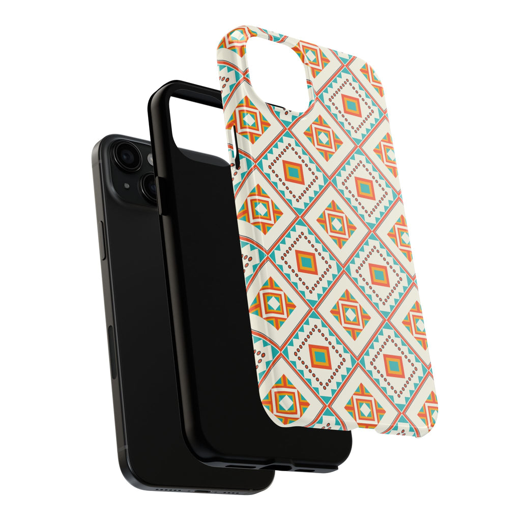 Tough Phone Case — Geometric Retro Tile Pattern, Orange & Teal Protective Cover