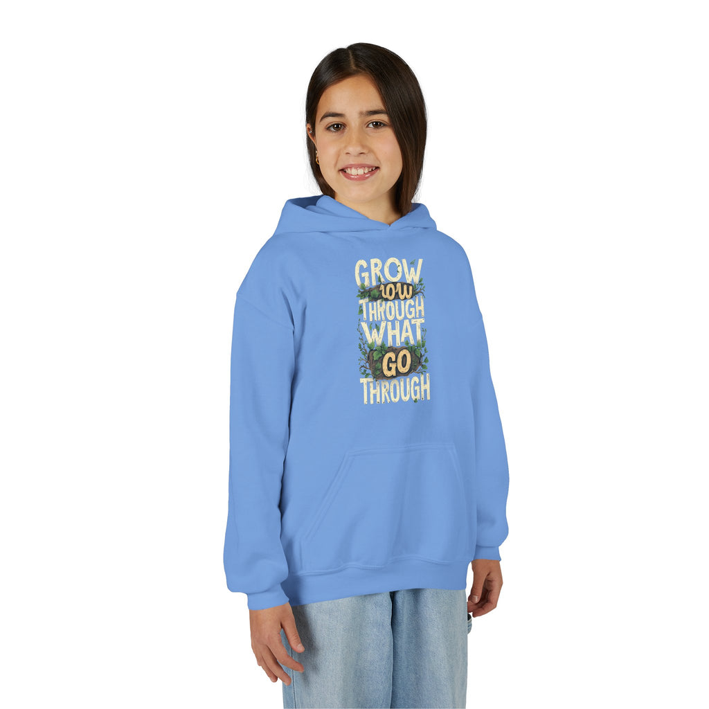 Youth Hoodie — 'Grow Slow, Go Through' Floral Motivational Hooded Sweatshirt