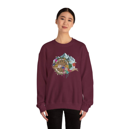 Adventure Mountain Crewneck Sweatshirt — Colorful Hiking Compass & Peaks Design