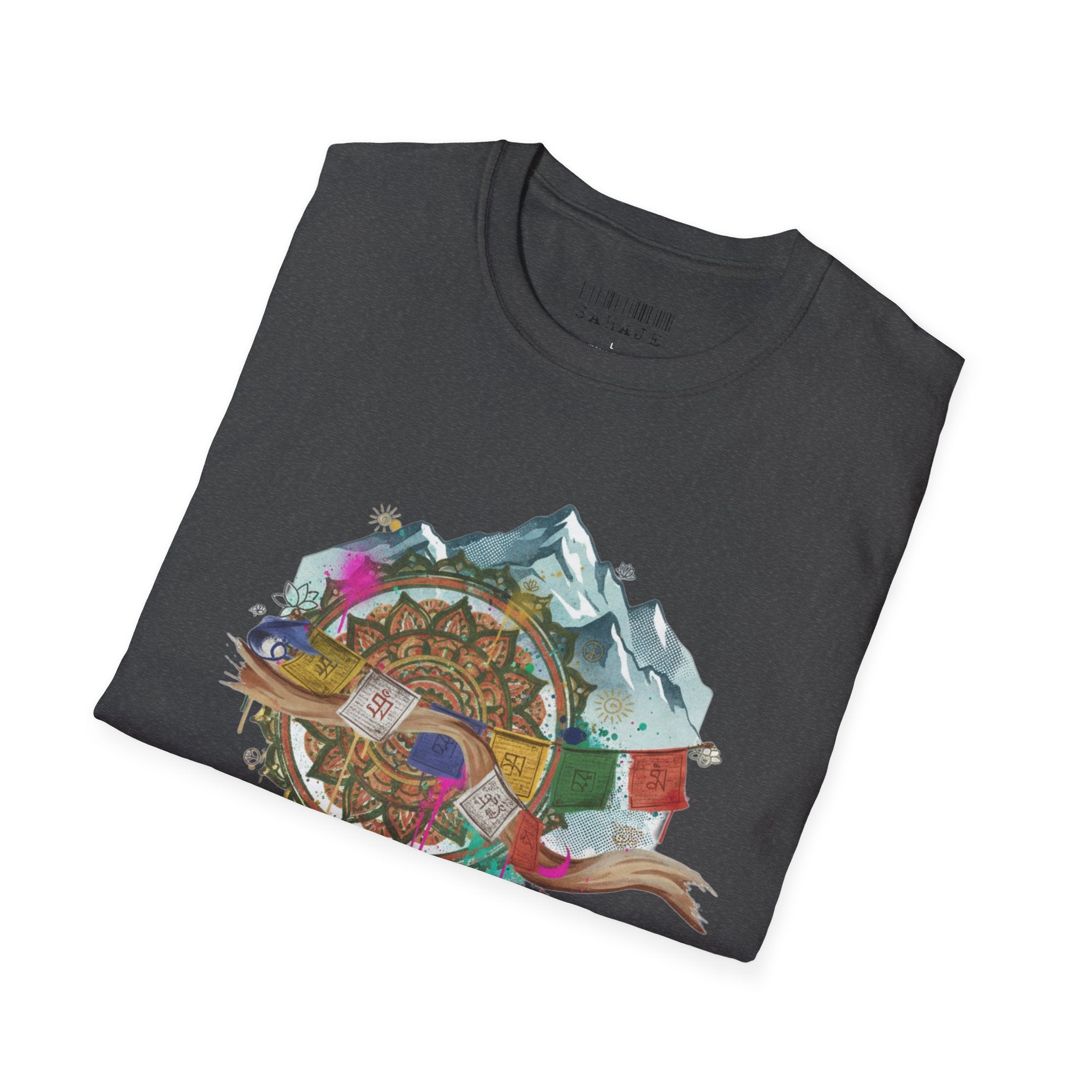 Adventure Compass T-Shirt — Mountain Compass with Prayer Flags & Colorful Globe