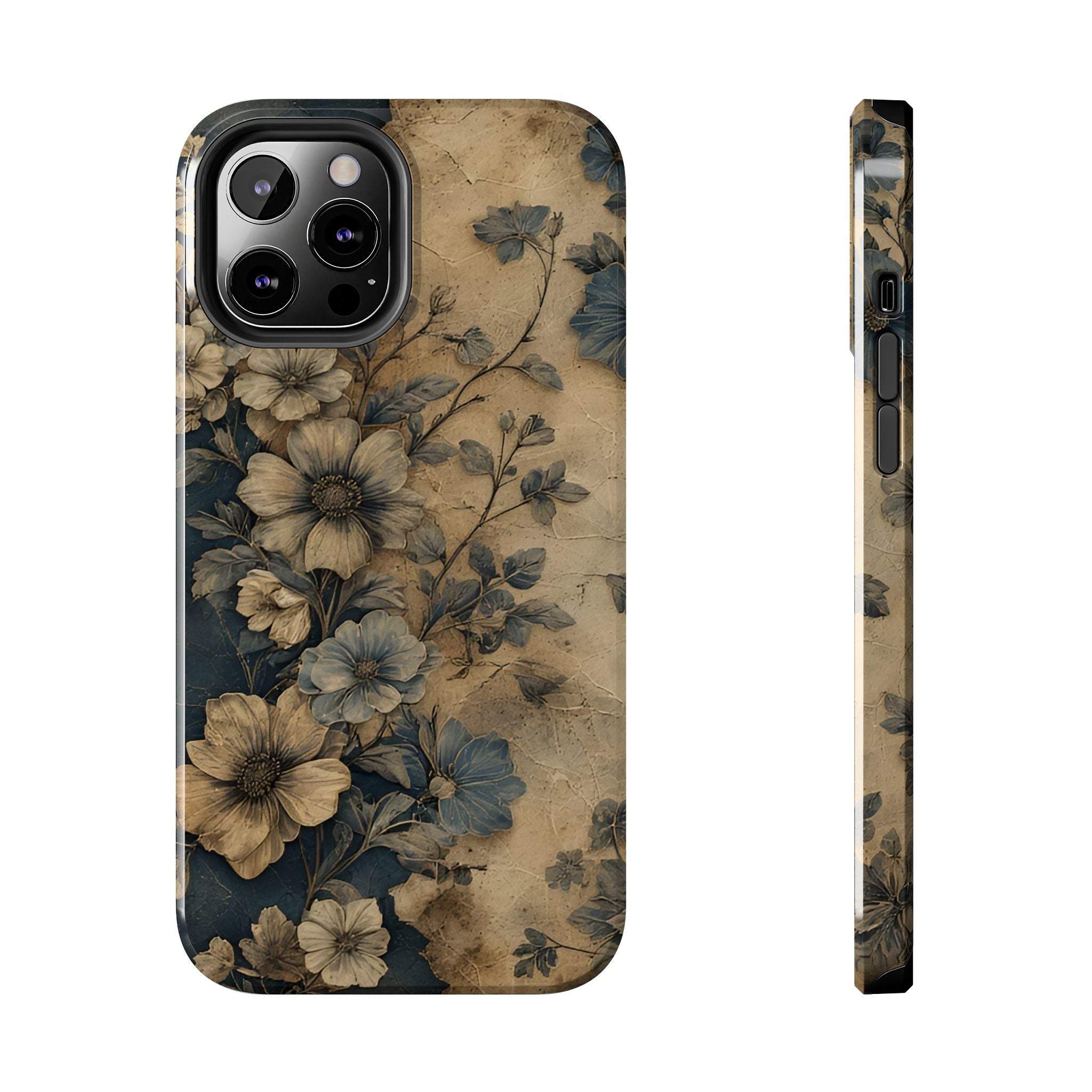Vintage Floral Tough Phone Case — Antique Beige & Navy Protective Cover