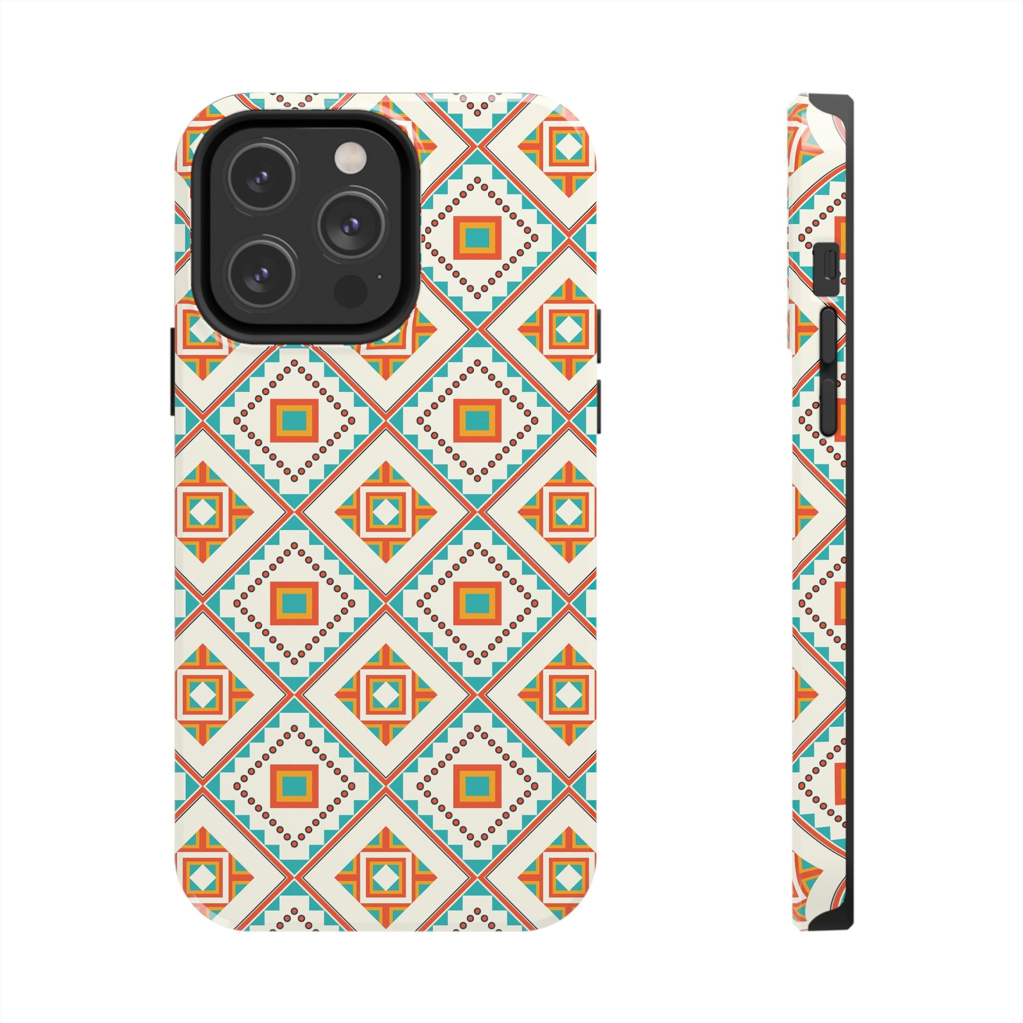 Tough Phone Case — Geometric Retro Tile Pattern, Orange & Teal Protective Cover
