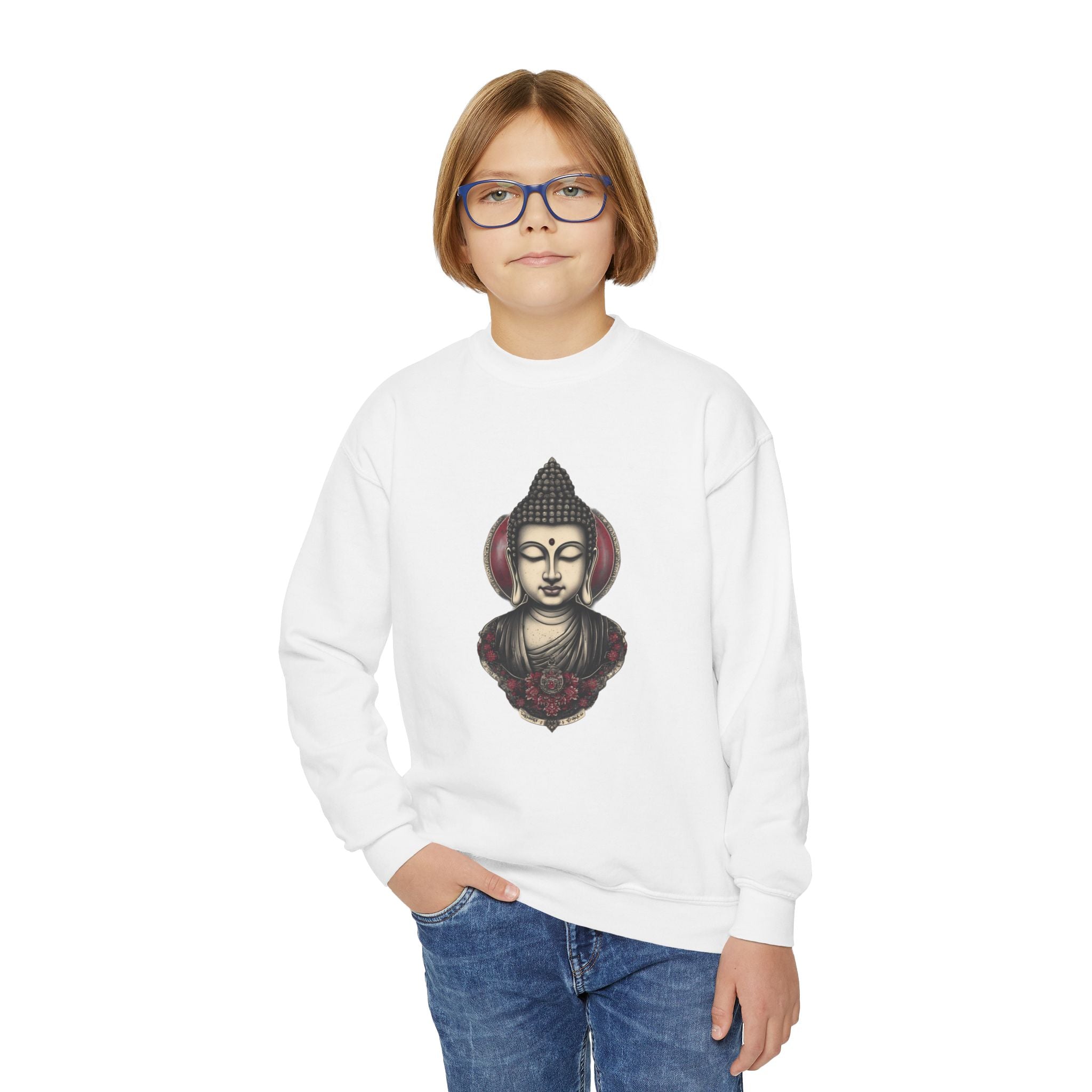 Buddha Head Crewneck Sweatshirt — Youth Mindfulness Graphic Pullover