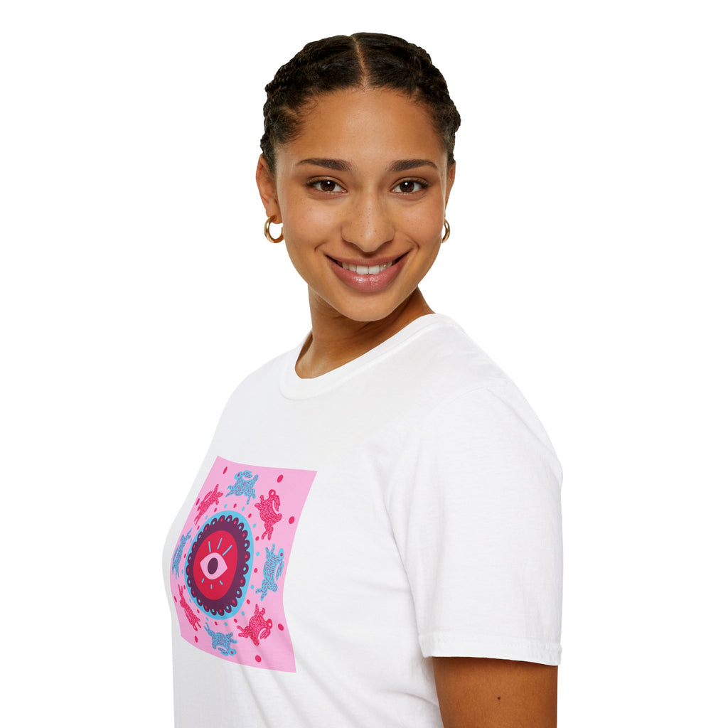 Psychedelic Eyeball Mandala T-Shirt — Pink Blue Retro Graphic Tee