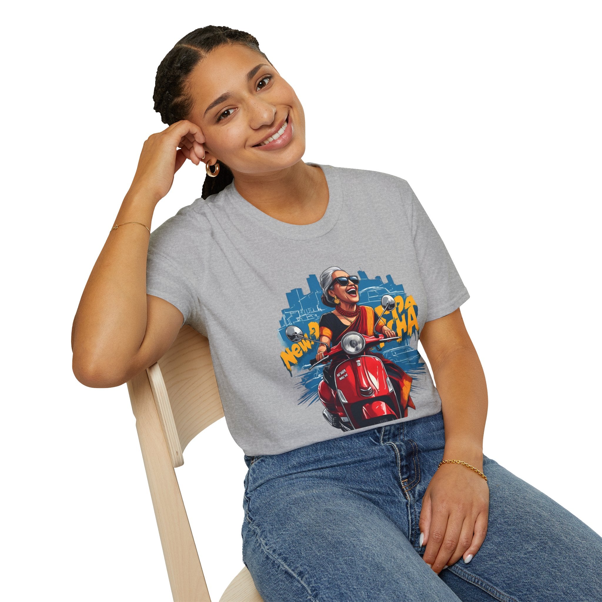 Newa Maicha Riding Scooter T-Shirt – Newari Woman in New York Graphic Tee, Cultural & Urban Design