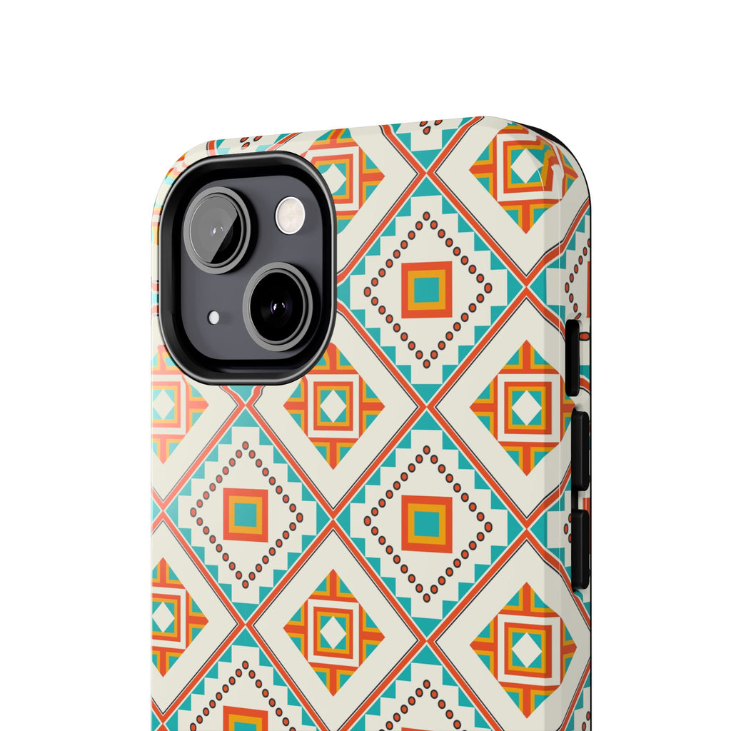 Tough Phone Case — Geometric Retro Tile Pattern, Orange & Teal Protective Cover