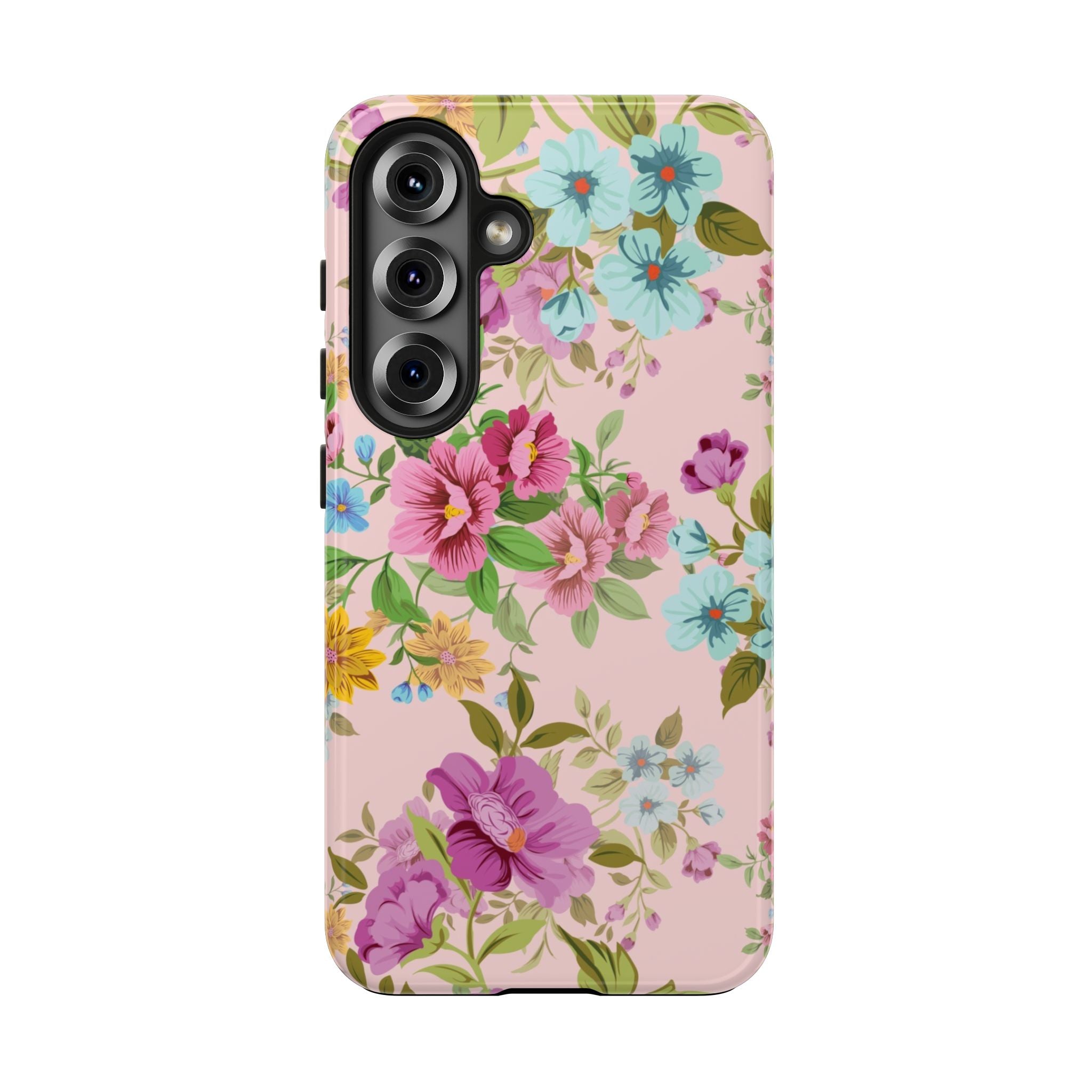 Floral Vintage Tough Phone Case — Pink Rose & Blue Blossom Protective Cover
