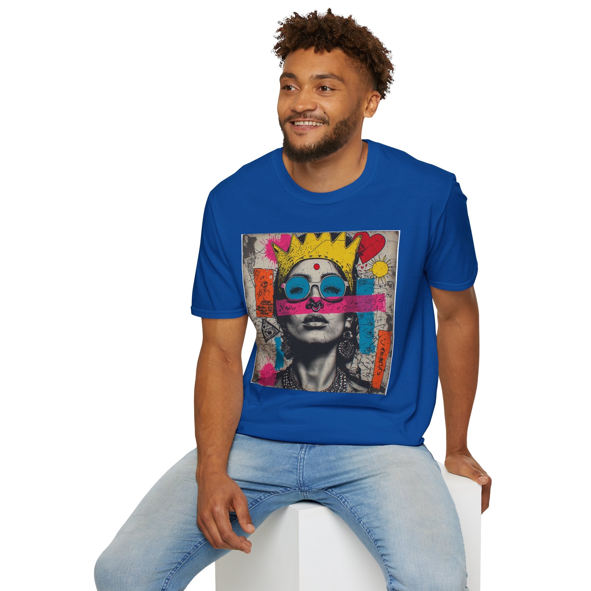 Abstract Pop Art Portrait T-Shirt — Neon Crown & Sunglasses Graphic