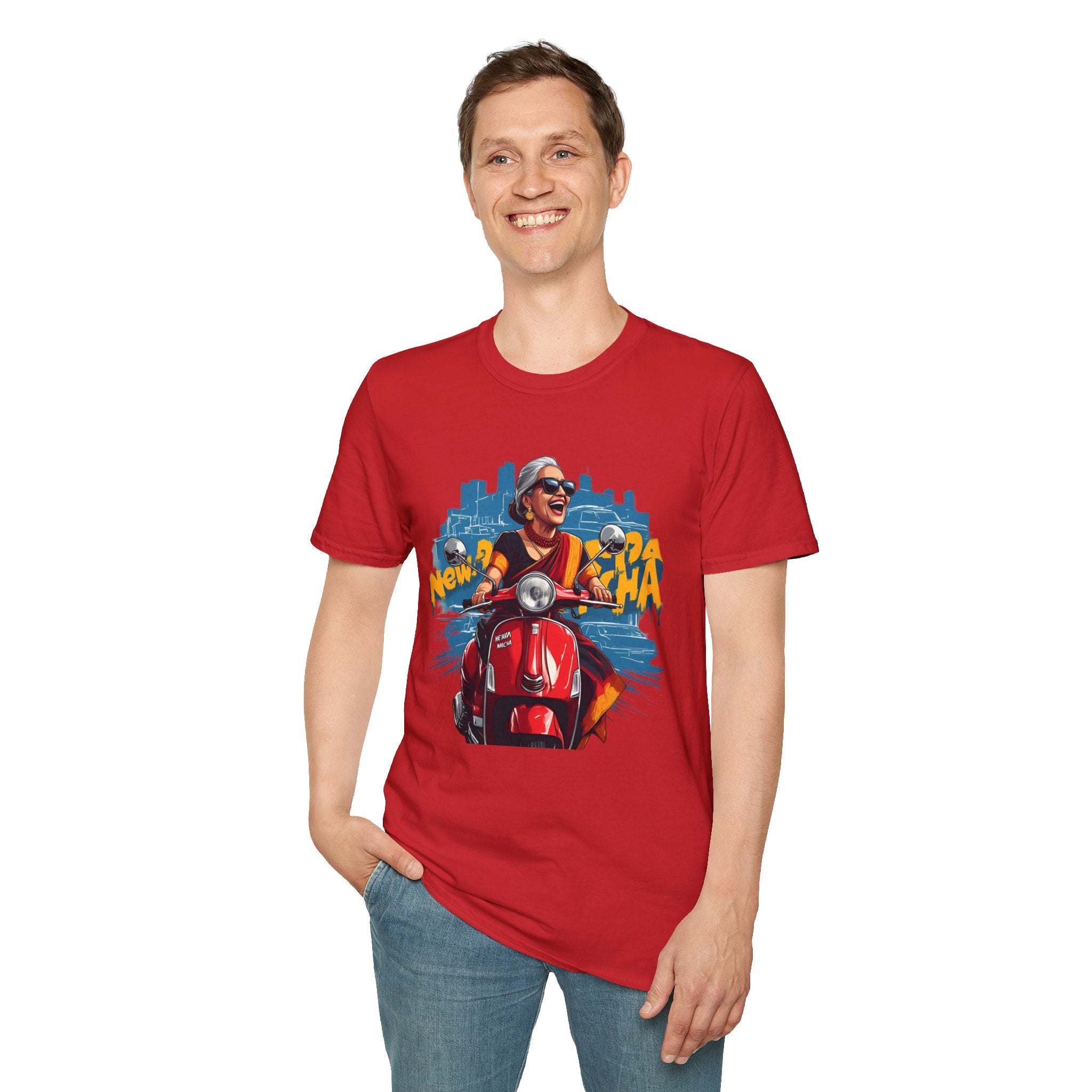 Newa Maicha Riding Scooter T-Shirt – Newari Woman in New York Graphic Tee, Cultural & Urban Design