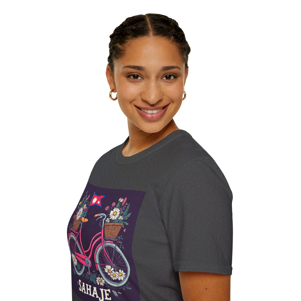 Bicycle Floral T-Shirt – Pink Bike with Baskets & "Sahaje" Text