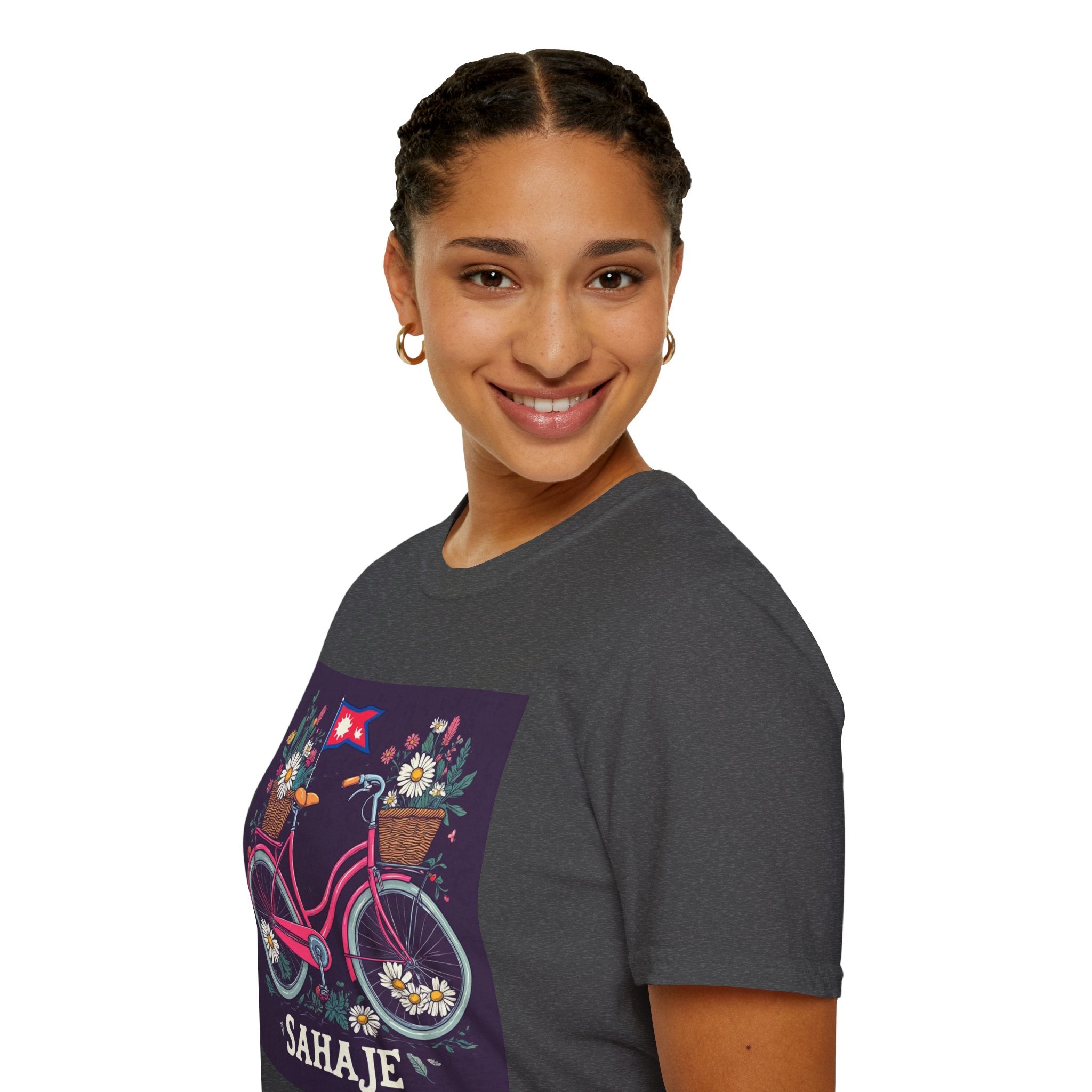 Bicycle Floral T-Shirt – Pink Bike with Baskets & "Sahaje" Text