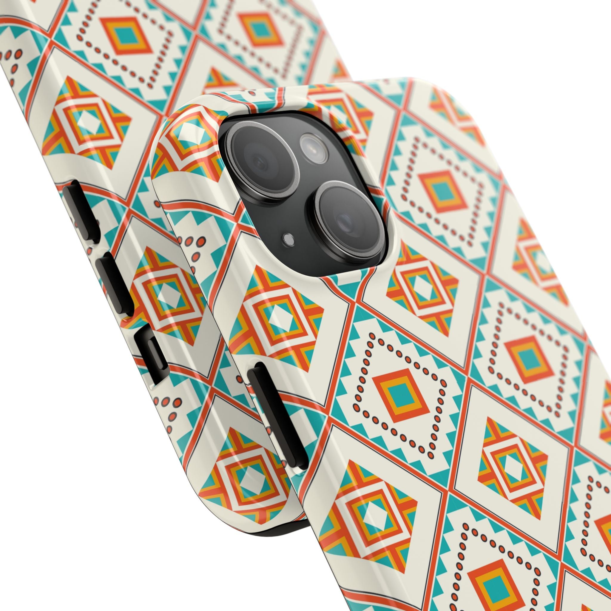 Tough Phone Case — Geometric Retro Tile Pattern, Orange & Teal Protective Cover