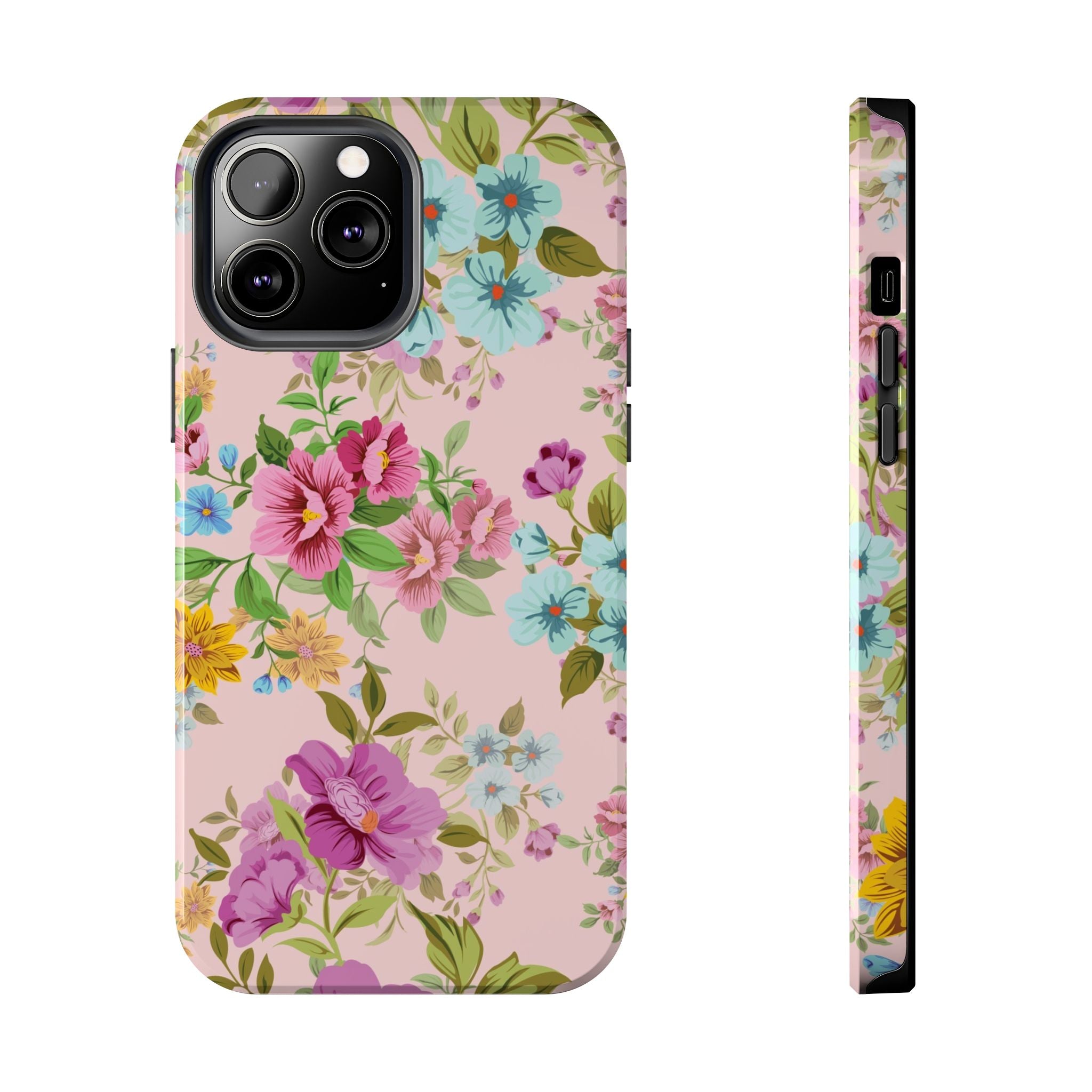 Floral Vintage Tough Phone Case — Pink Rose & Blue Blossom Protective Cover