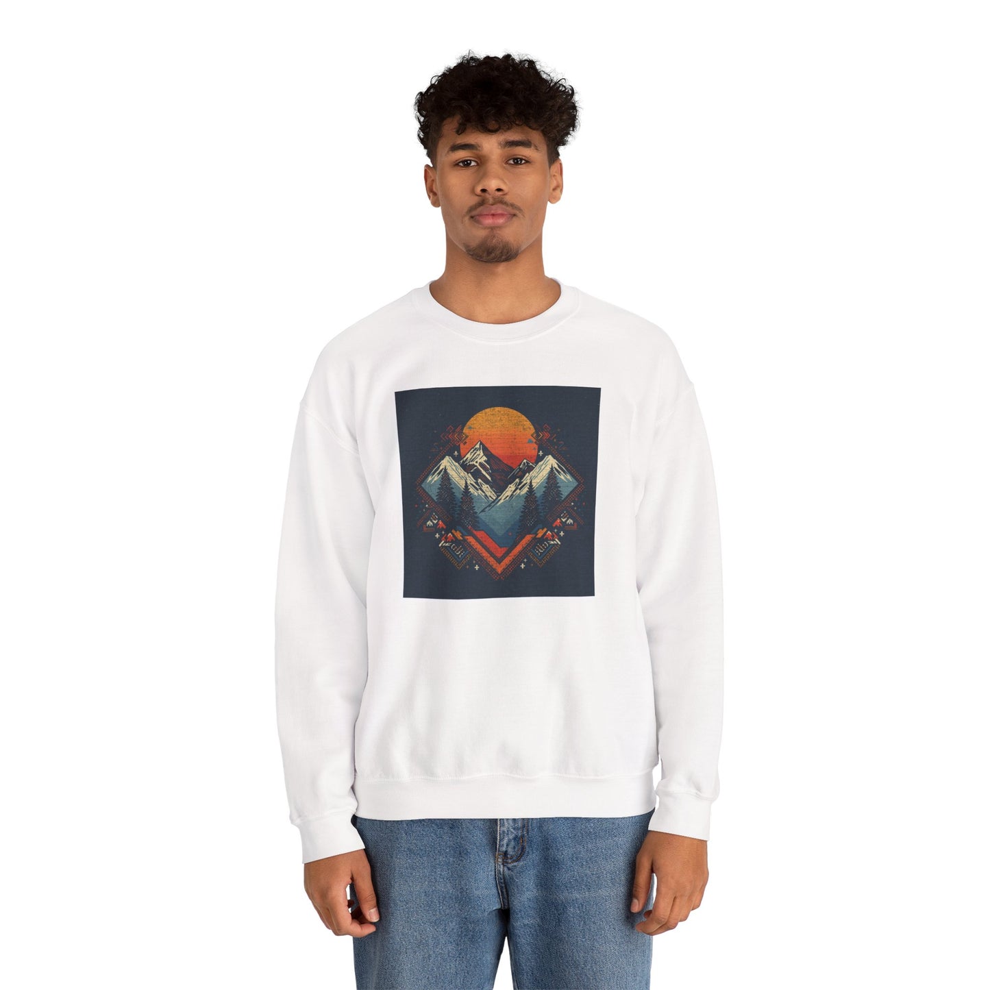 Mountain Sunset Crewneck Sweatshirt — Retro Geometric Peaks Graphic